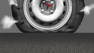 Illustration of a punctured tire with the Tesla logo leaking air